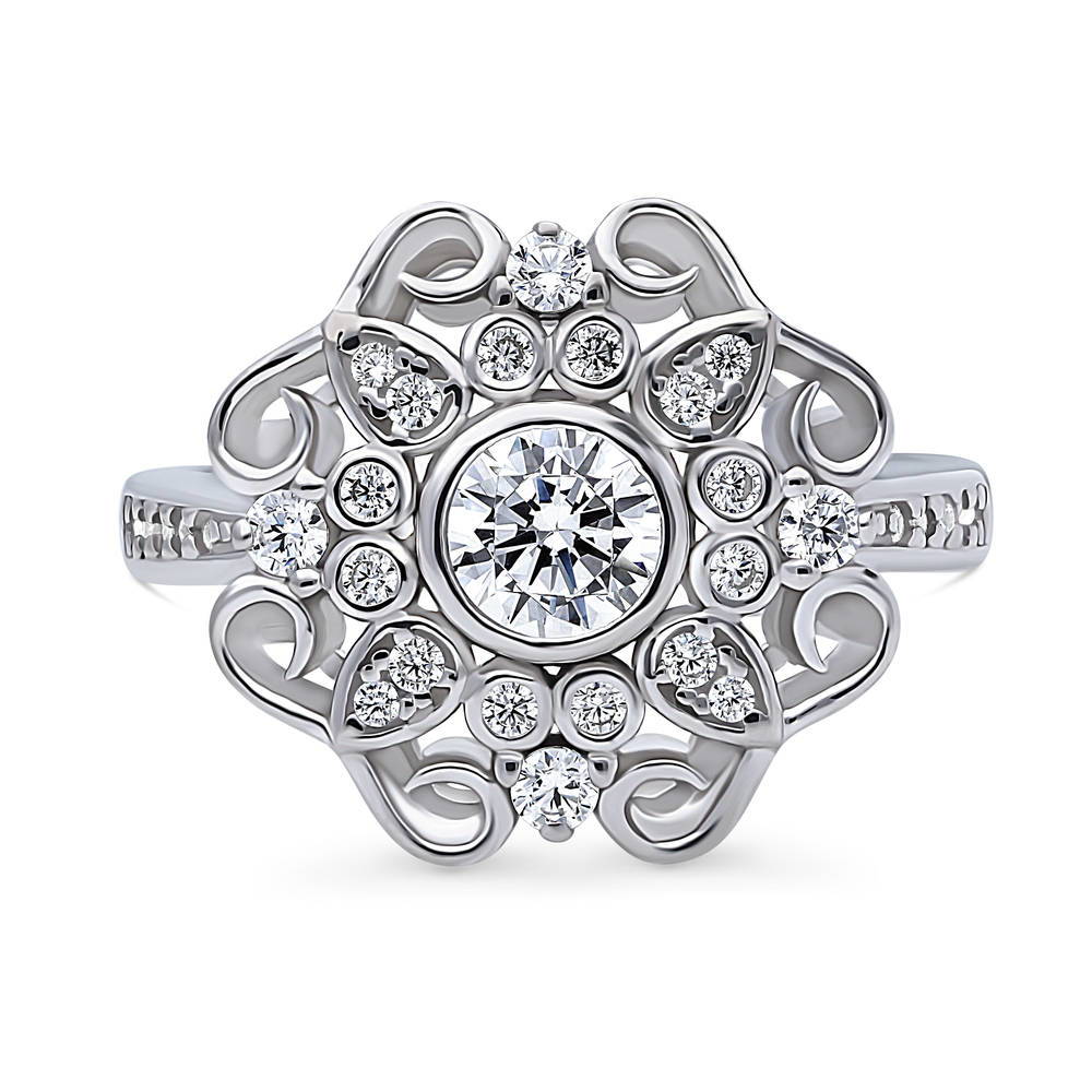 Halo Flower Art Deco CZ Ring in Sterling Silver
