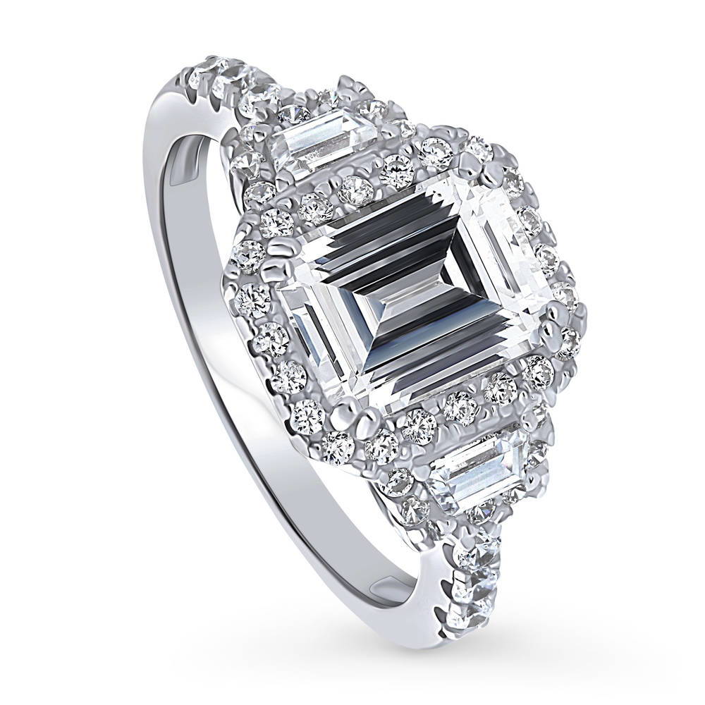 3-Stone Halo Step Emerald Cut CZ Ring in Sterling Silver