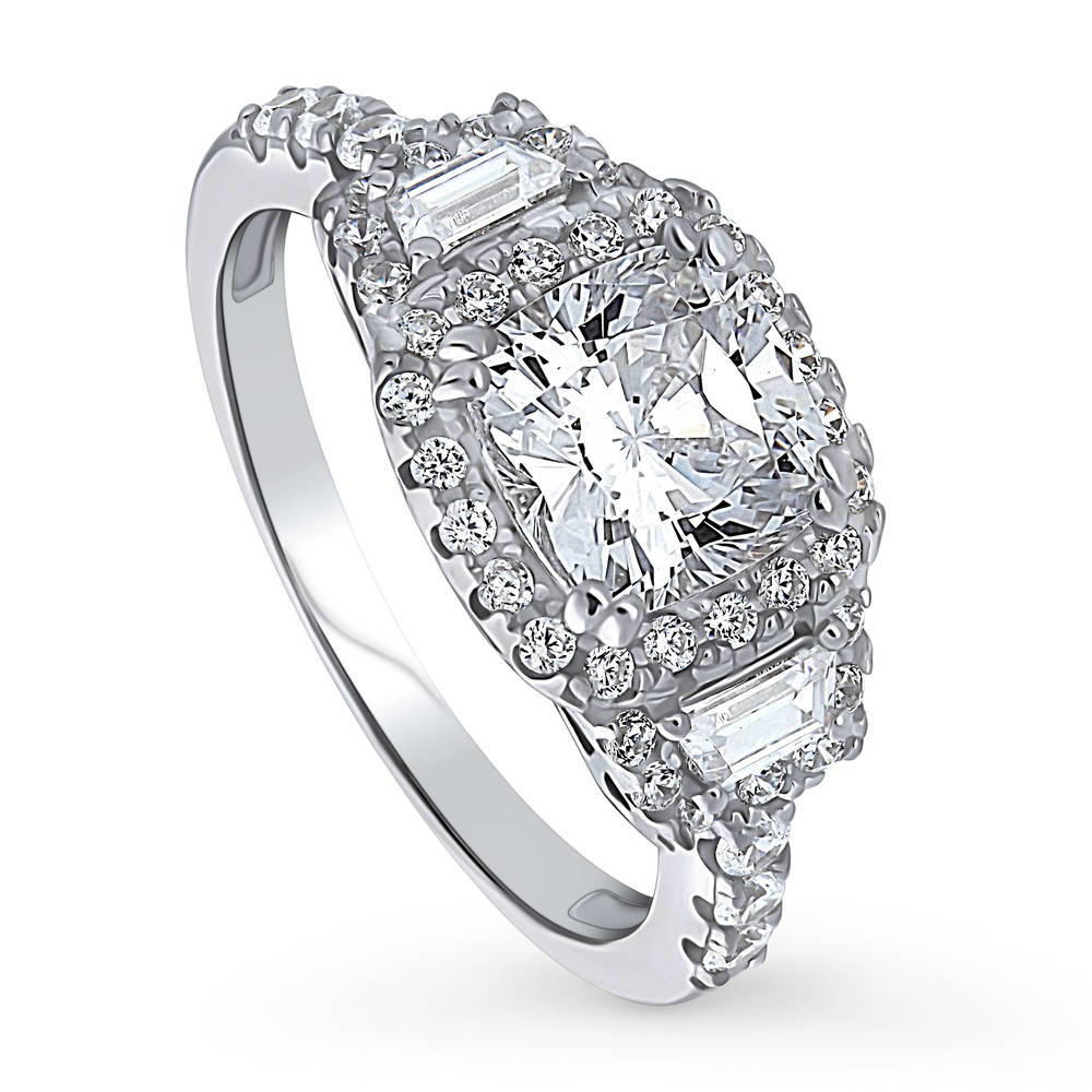Front view of 3-Stone Halo Cushion CZ Ring in Sterling Silver, 4 of 11