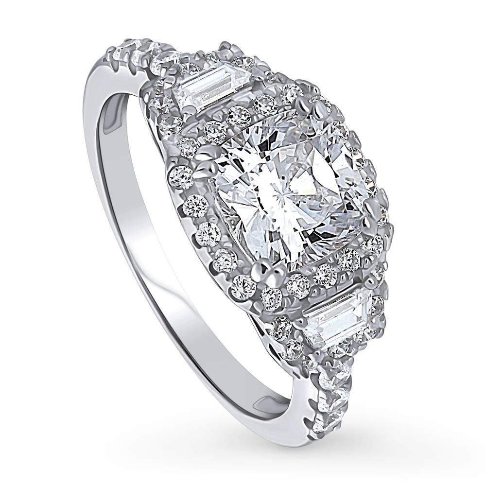 3-Stone Halo Art Deco 2ct Cushion CZ Ring in Sterling Silver