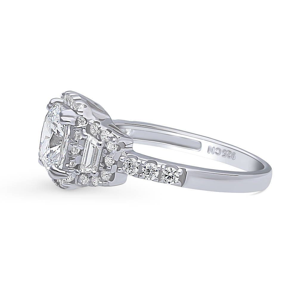 Angle view of 3-Stone Halo Cushion CZ Ring in Sterling Silver, 5 of 11