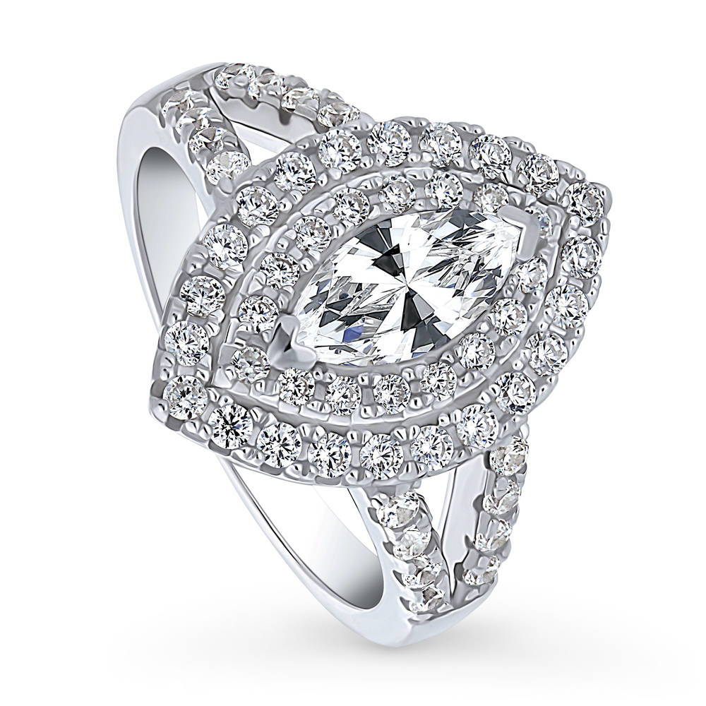 Halo Marquise CZ Split Shank Ring in Sterling Silver