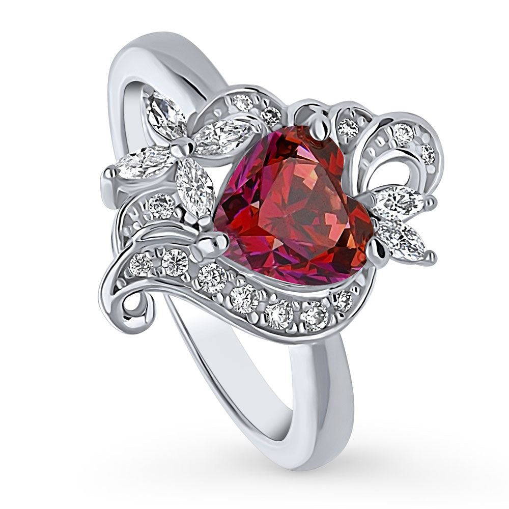 Heart Flower Simulated Ruby CZ Ring in Sterling Silver