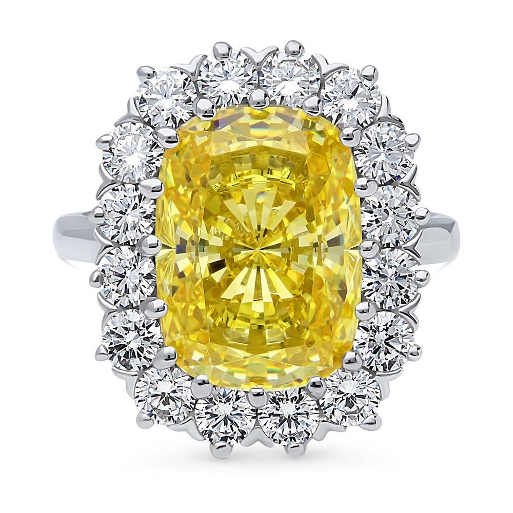 Halo Yellow Cushion CZ Statement Ring in Sterling Silver