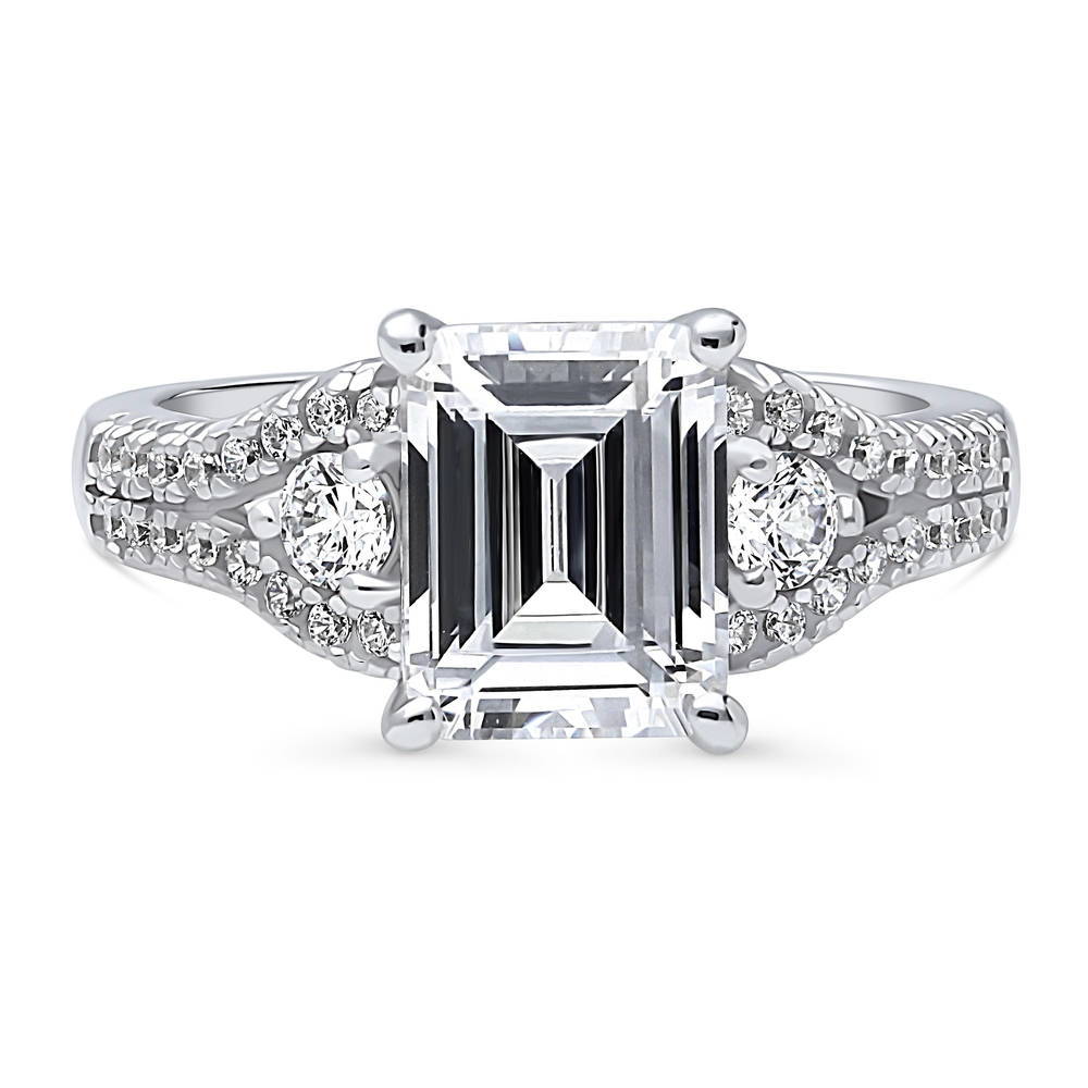 3-Stone Emerald Cut CZ Split Shank Ring in Sterling Silver