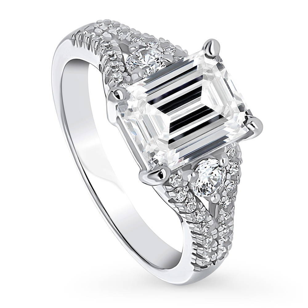 3-Stone 2.6ct Emerald Cut CZ Split Shank Ring in Sterling Silver