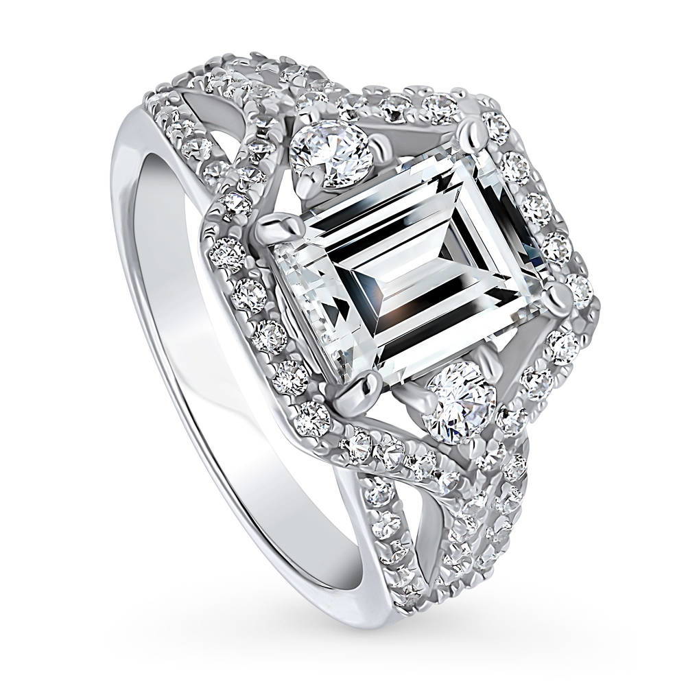 3-Stone Art Deco Emerald Cut CZ Split Shank Ring in Sterling Silver