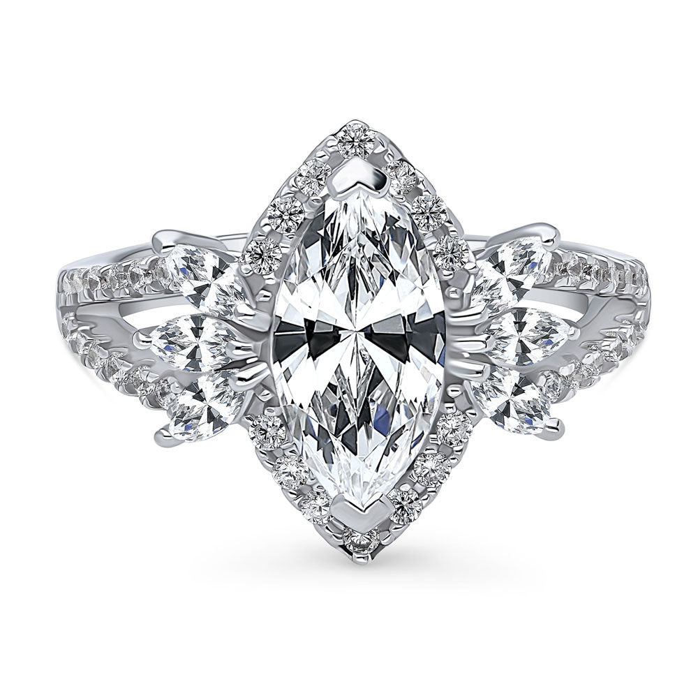 Halo Flower Marquise CZ Split Shank Ring in Sterling Silver