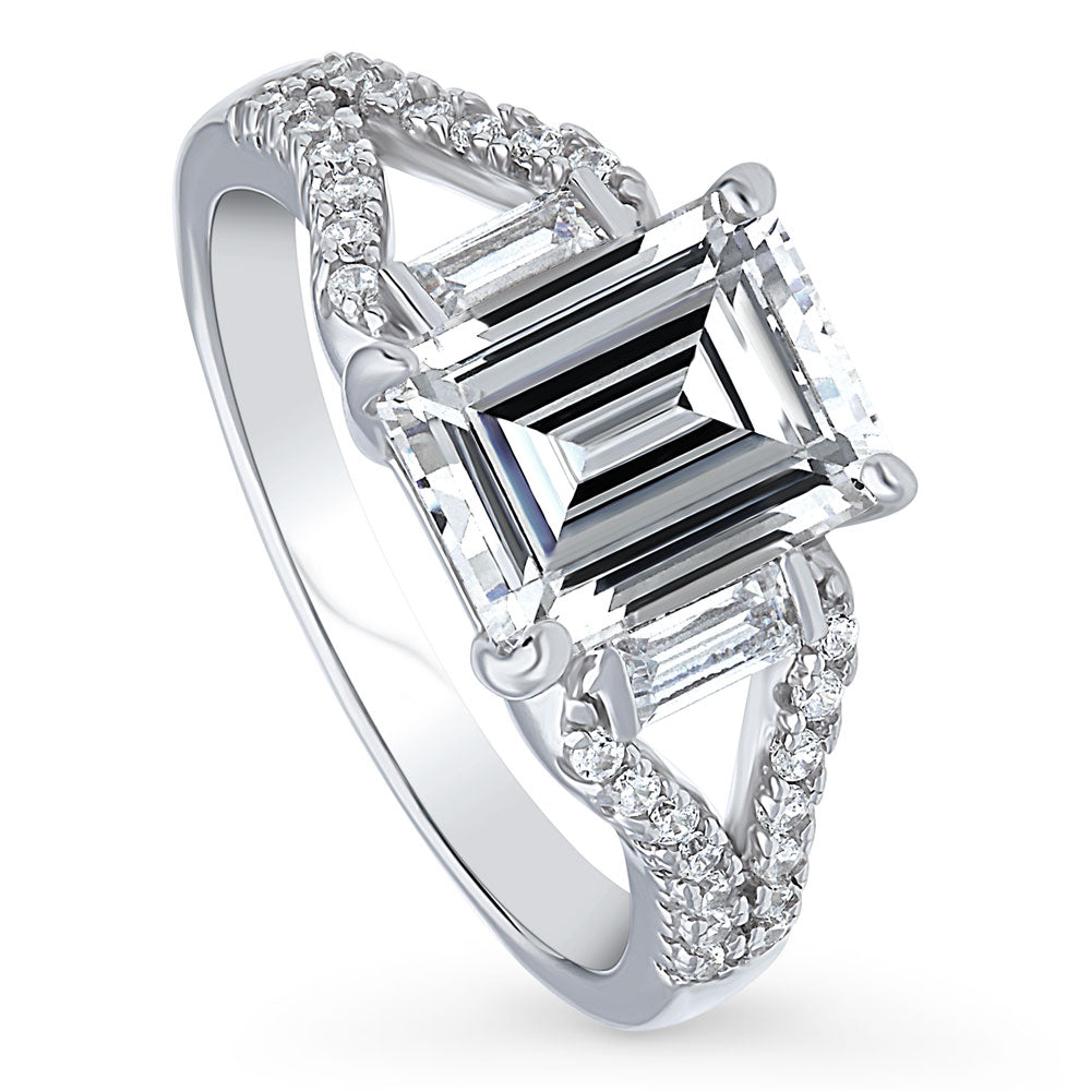 Solitaire Emerald Cut CZ Split Shank Ring in Sterling Silver