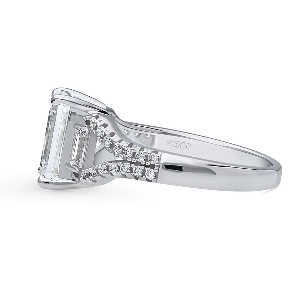 Solitaire Emerald Cut CZ Split Shank Ring in Sterling Silver