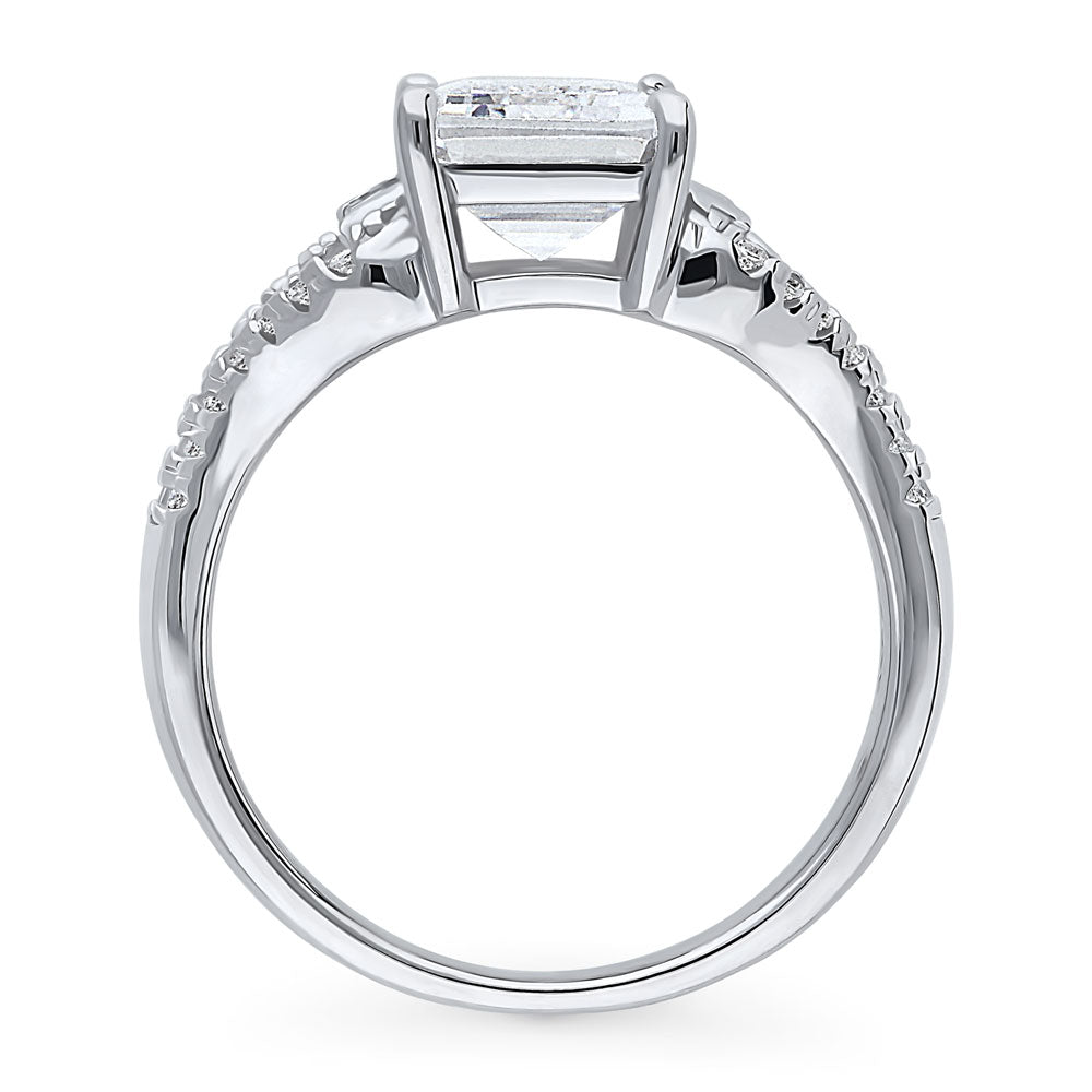 Solitaire Emerald Cut CZ Split Shank Ring in Sterling Silver
