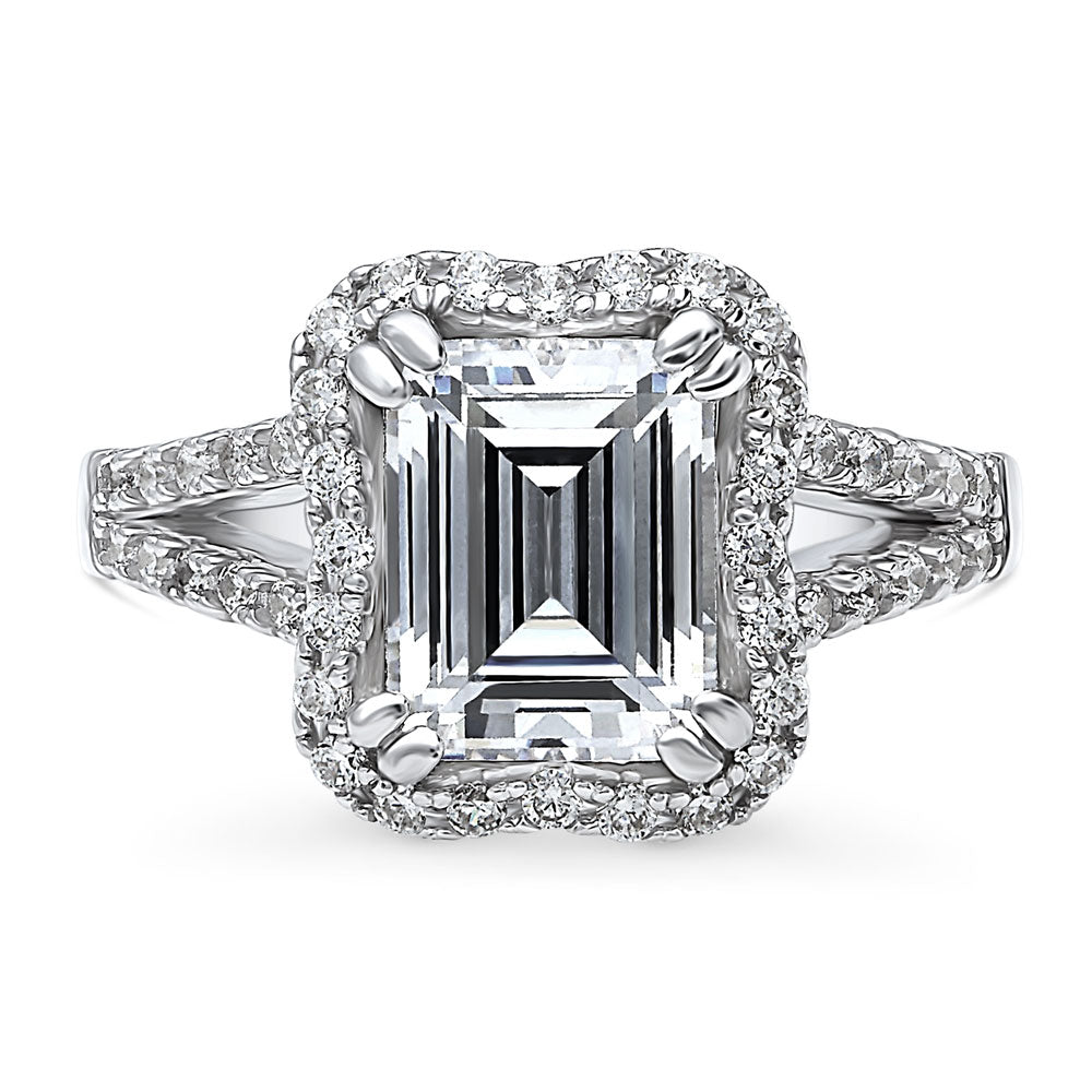 Halo Woven Step Emerald Cut CZ Split Shank Ring in Sterling Silver