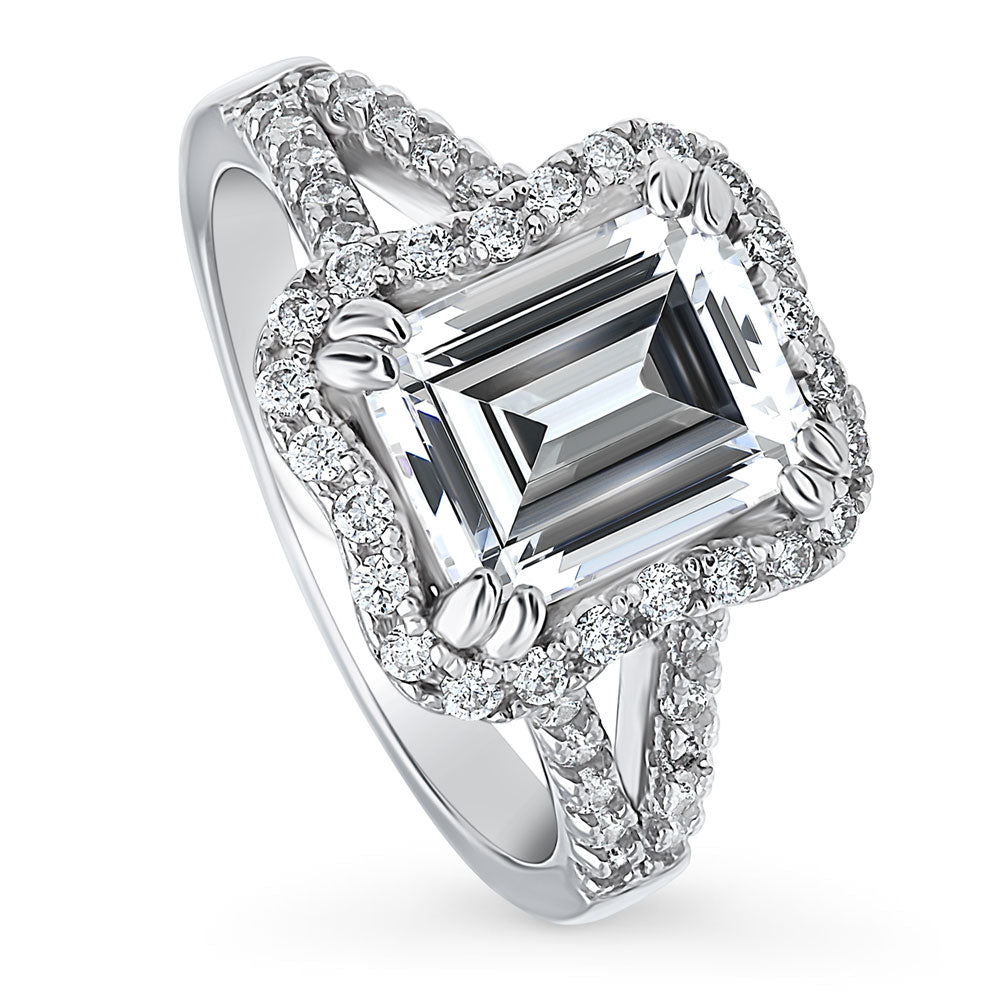 Halo Woven Emerald Cut CZ Split Shank Ring in Sterling Silver