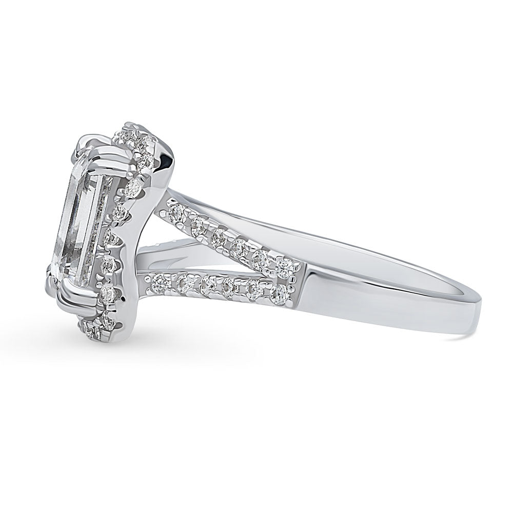 Halo Woven Step Emerald Cut CZ Split Shank Ring in Sterling Silver