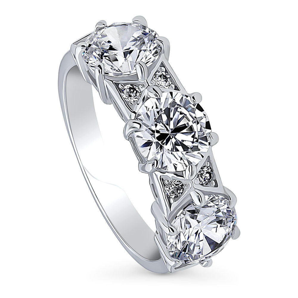 3-Stone Art Deco Round CZ Statement Ring in Sterling Silver