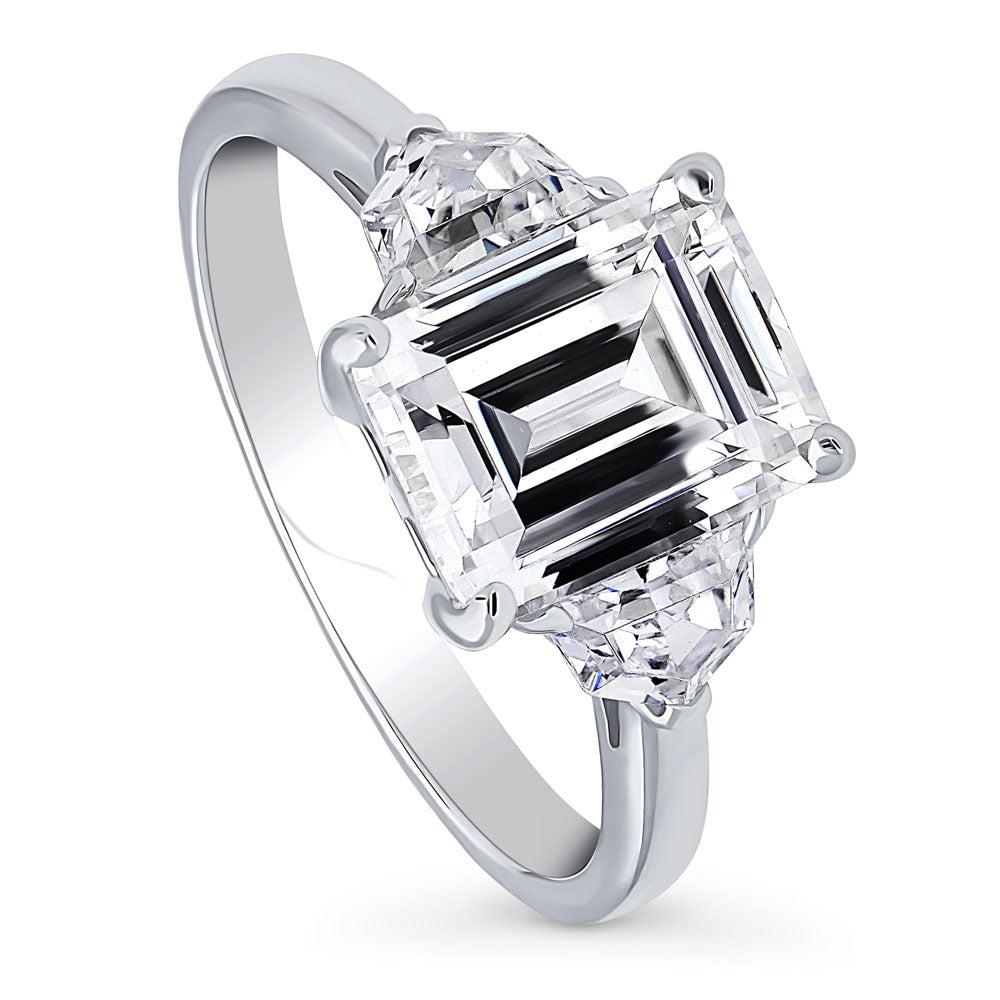 3-Stone Step Emerald Cut CZ Ring in Sterling Silver