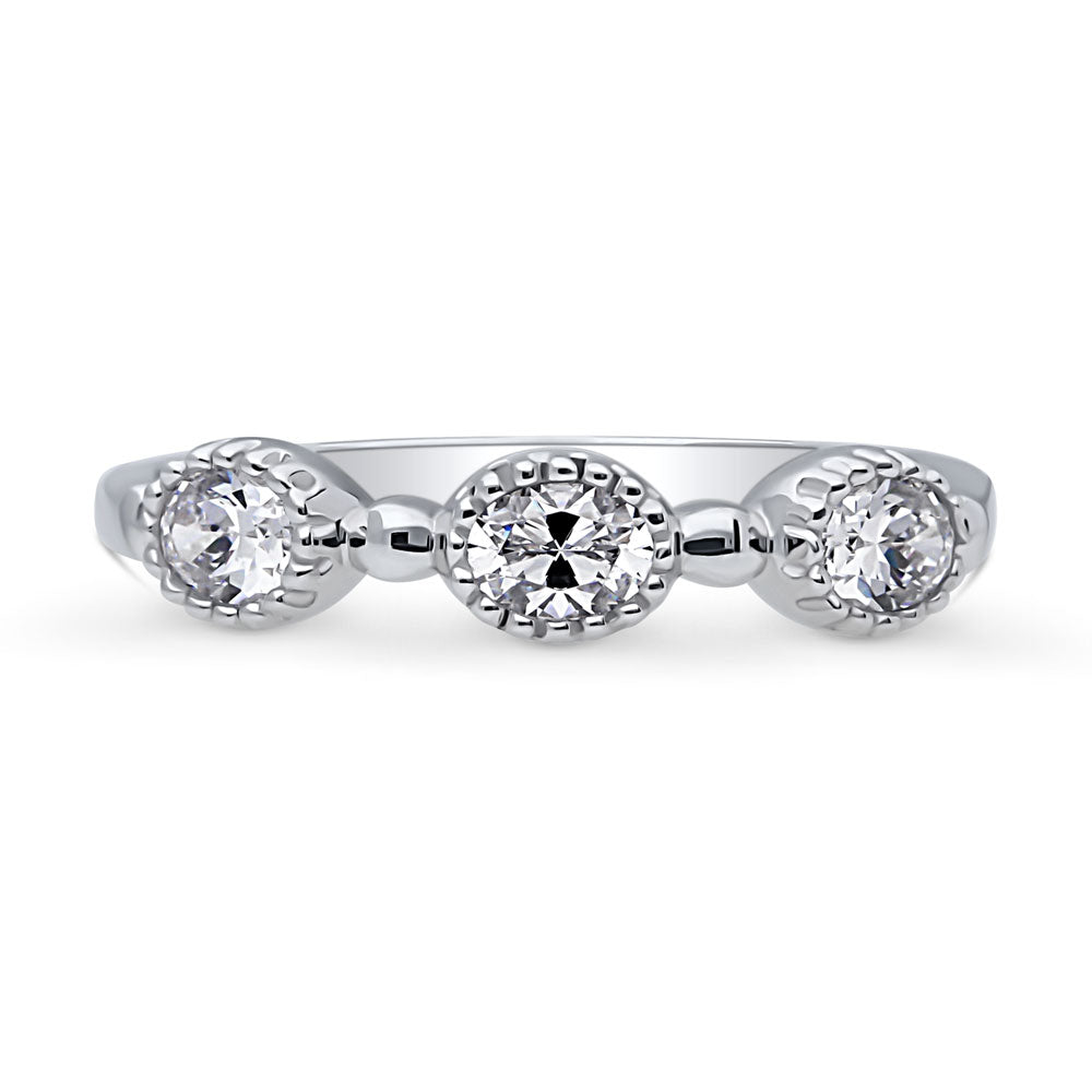 Milgrain Bezel Set Oval CZ Half Eternity Ring in Sterling Silver