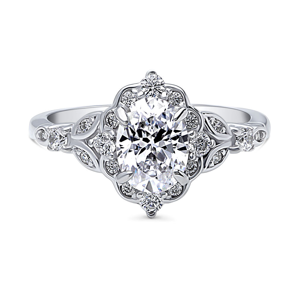 Halo Art Deco Oval CZ Ring in Sterling Silver