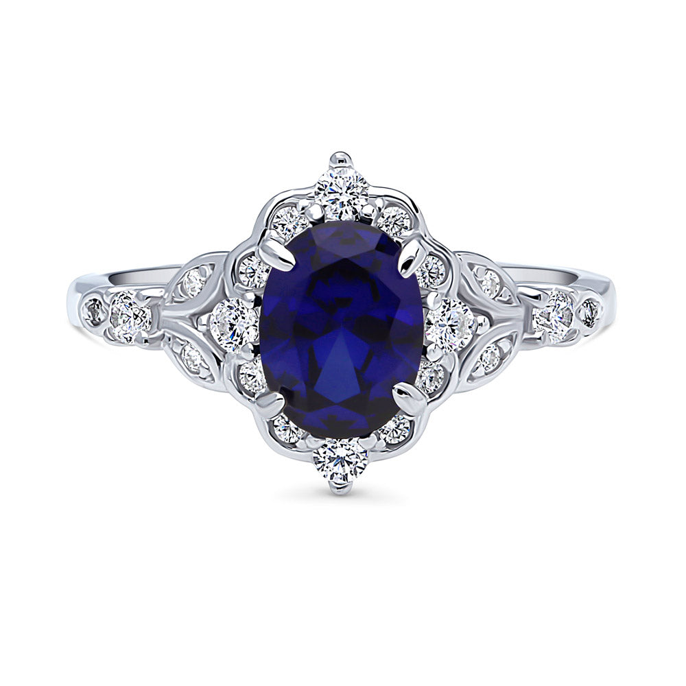 Halo Art Deco Simulated Blue Sapphire Oval CZ Ring in Sterling Silver