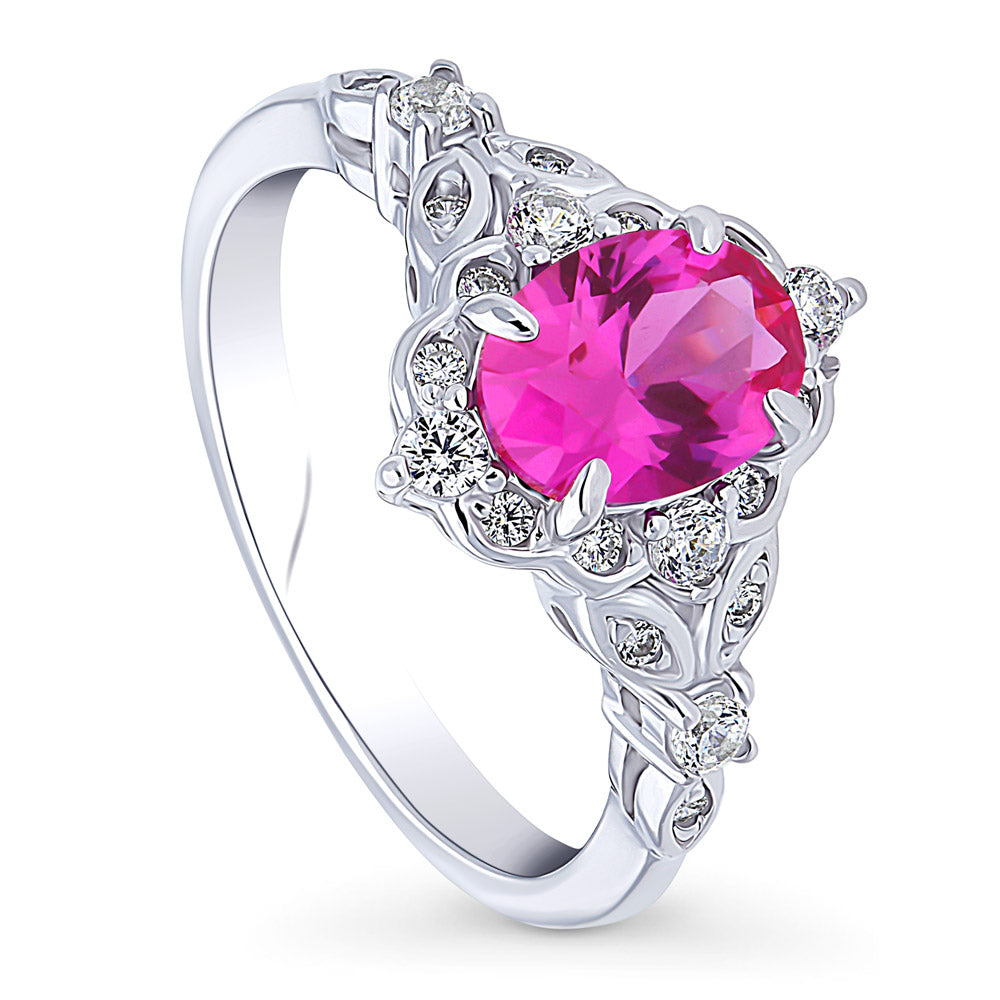 Halo Art Deco Pink Oval CZ Ring in Sterling Silver