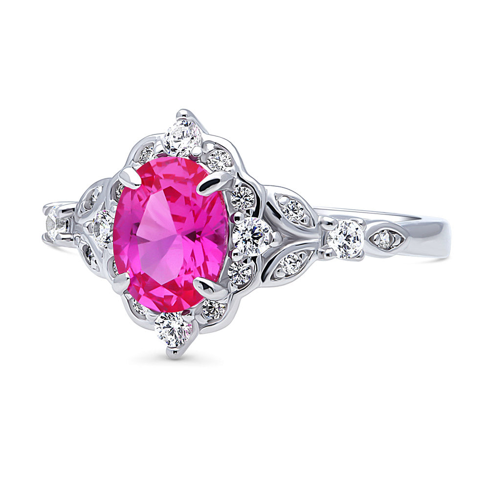Halo Art Deco Pink Oval CZ Ring in Sterling Silver
