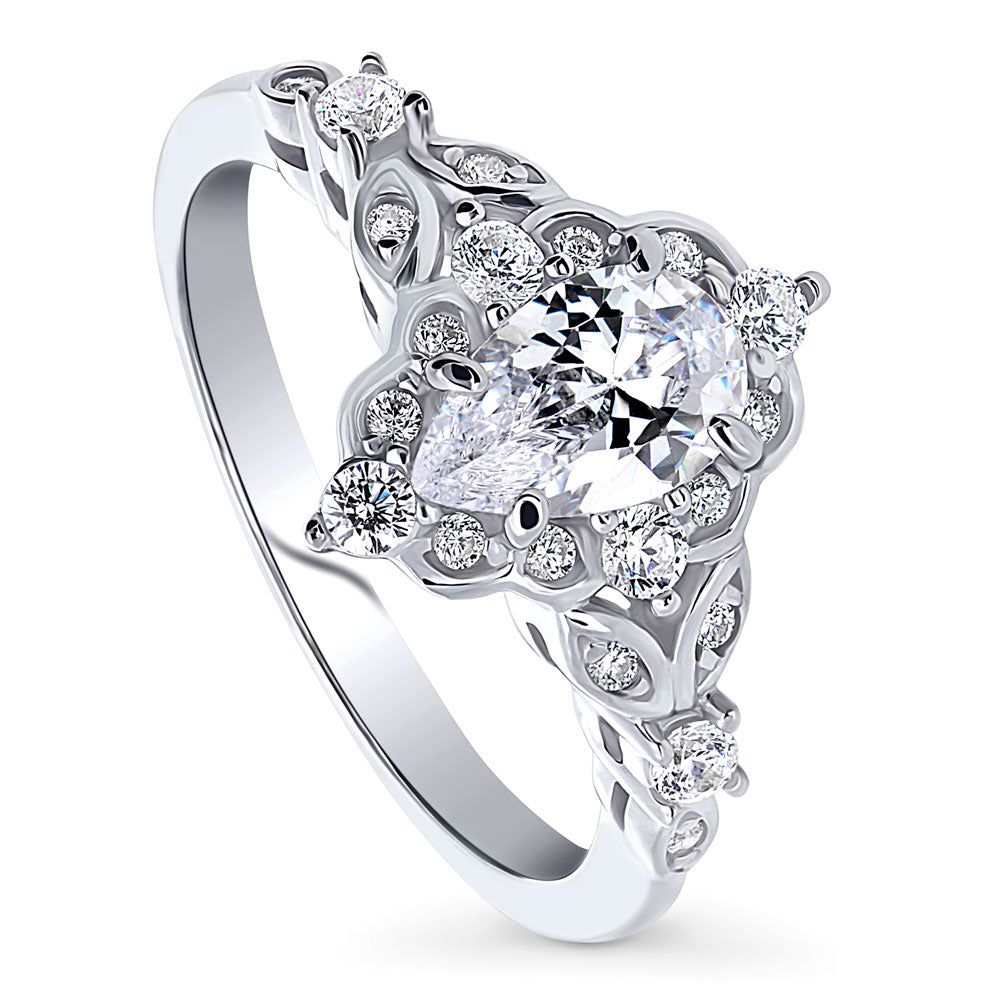 Halo Art Deco Pear CZ Ring in Sterling Silver