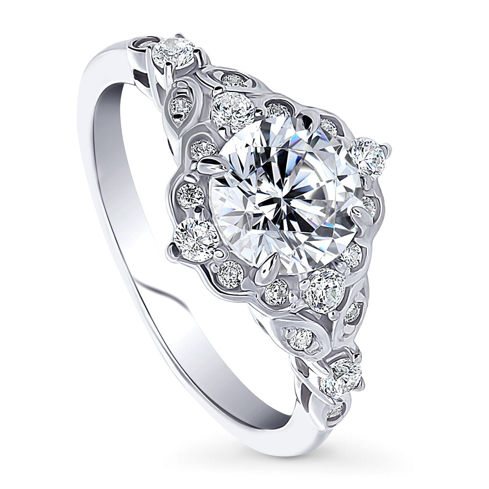 Halo Art Deco Round CZ Ring in Sterling Silver