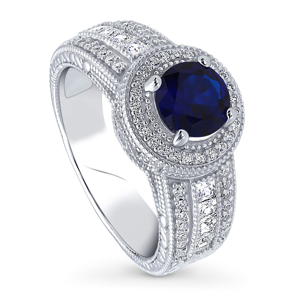Halo Milgrain Simulated Blue Sapphire Round CZ Ring in Sterling Silver
