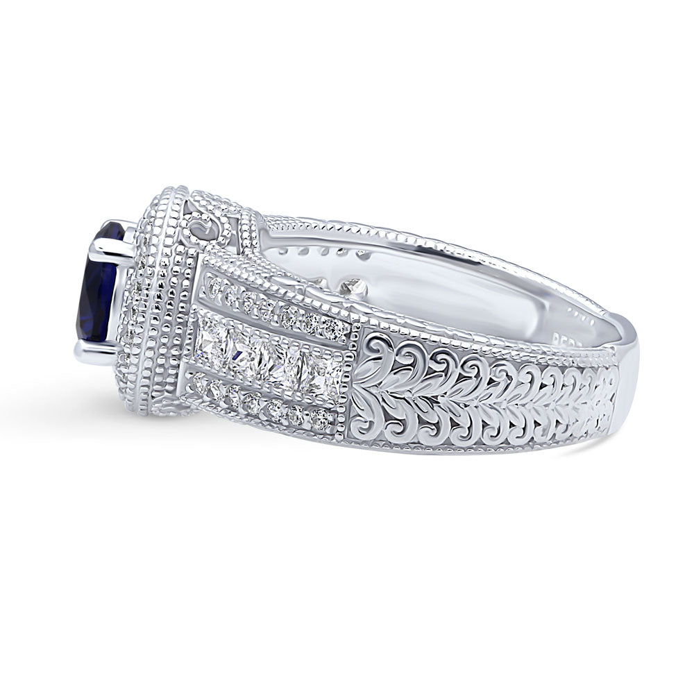 Halo Milgrain Simulated Blue Sapphire Round CZ Ring in Sterling Silver