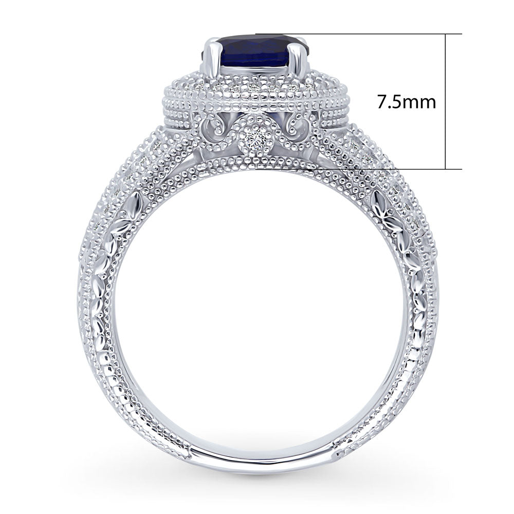 Halo Milgrain Sapphire-Blue CZ Ring in Sterling Silver