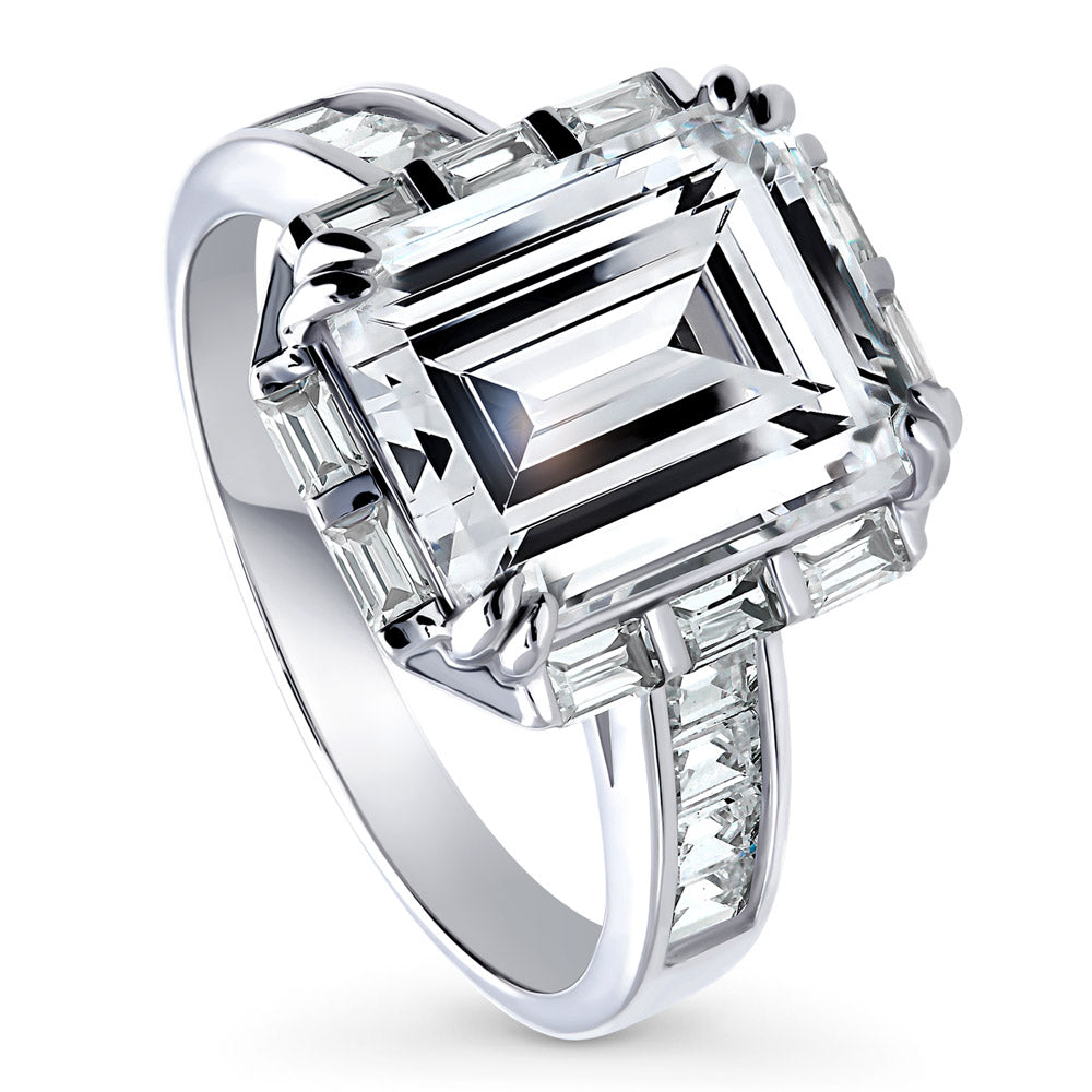 Halo Art Deco Step Emerald Cut CZ Ring in Sterling Silver