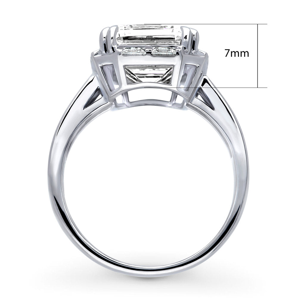 Halo Art Deco Step Emerald Cut CZ Ring in Sterling Silver