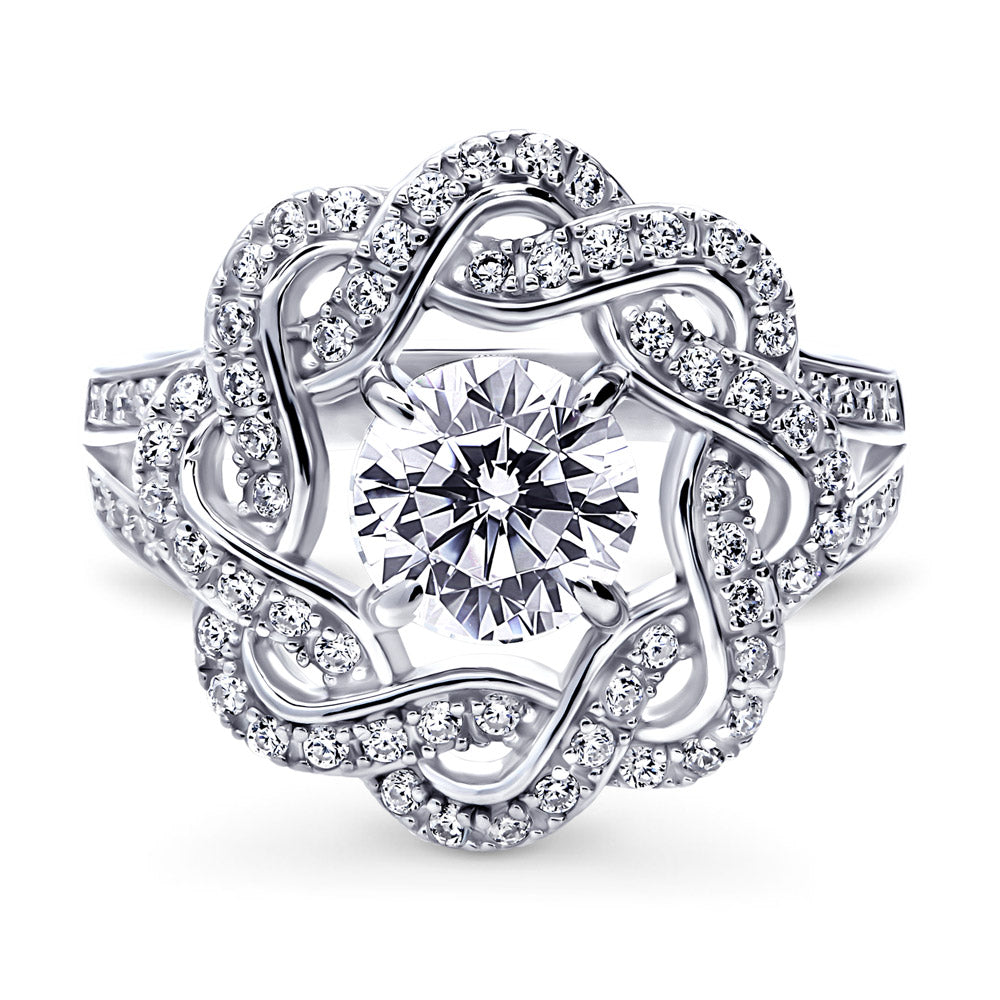 Flower Woven Ribbon Wreath CZ Split Shank Ring in Sterling Silver