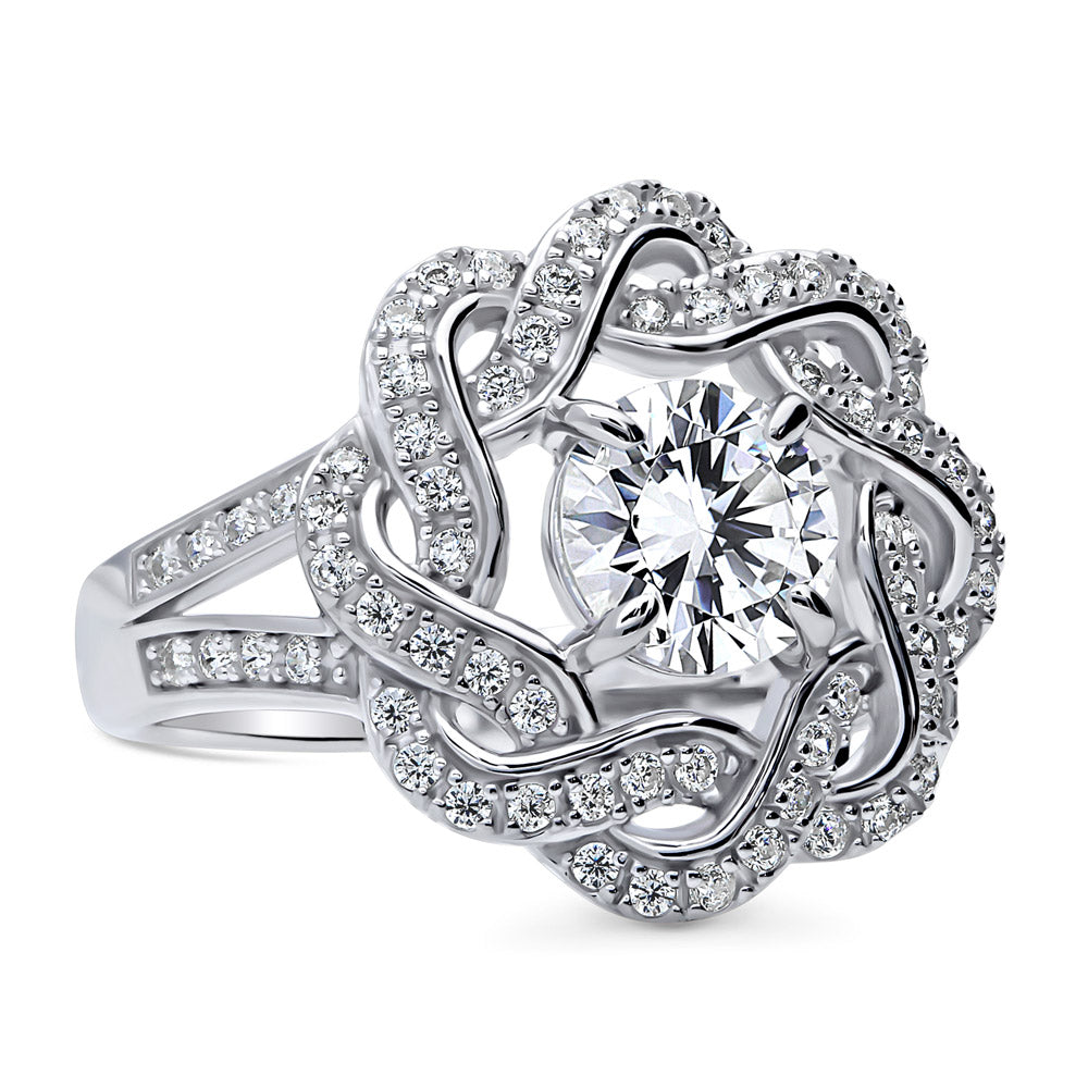 Flower Woven Ribbon Wreath CZ Split Shank Ring in Sterling Silver