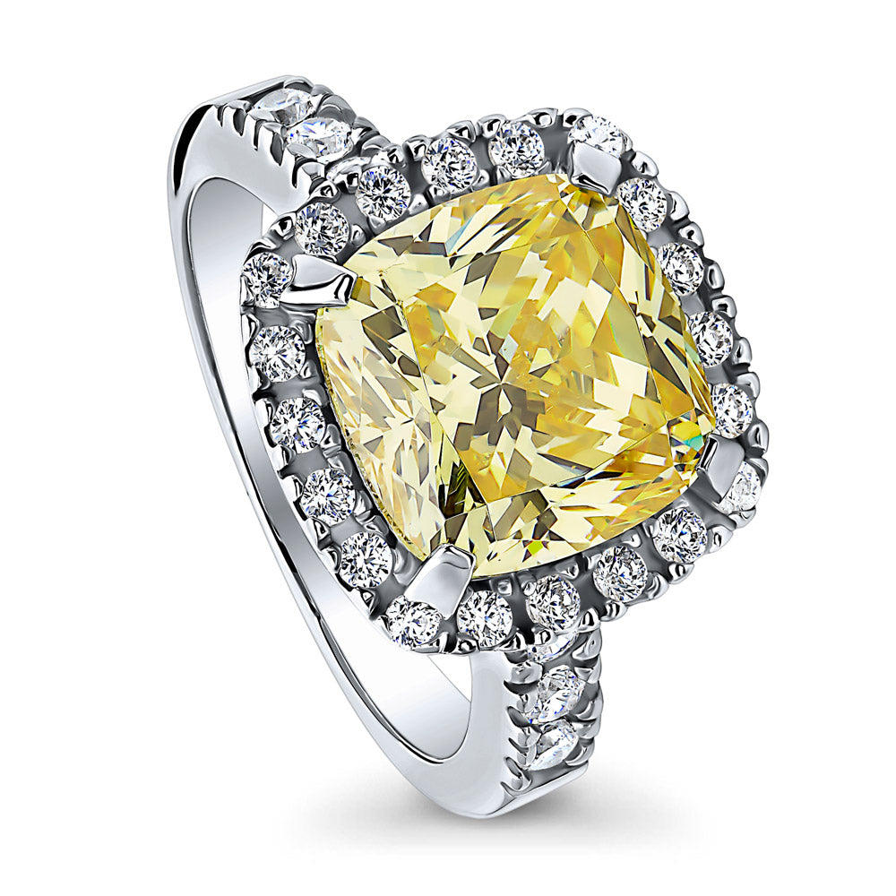 Halo Canary Yellow Cushion CZ Statement Ring in Sterling Silver