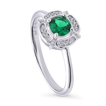 Halo Flower Green Round CZ Ring in Sterling Silver