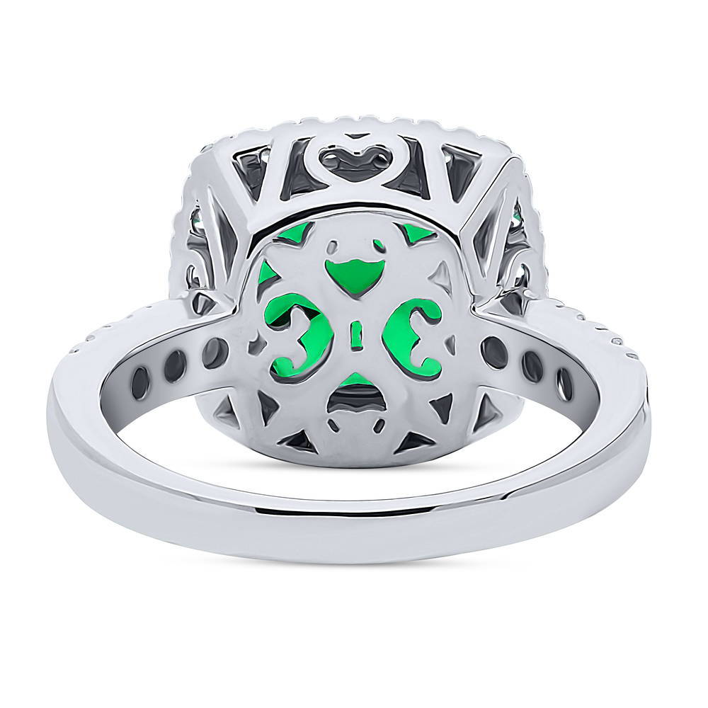 Halo Green Cushion CZ Ring in Sterling Silver