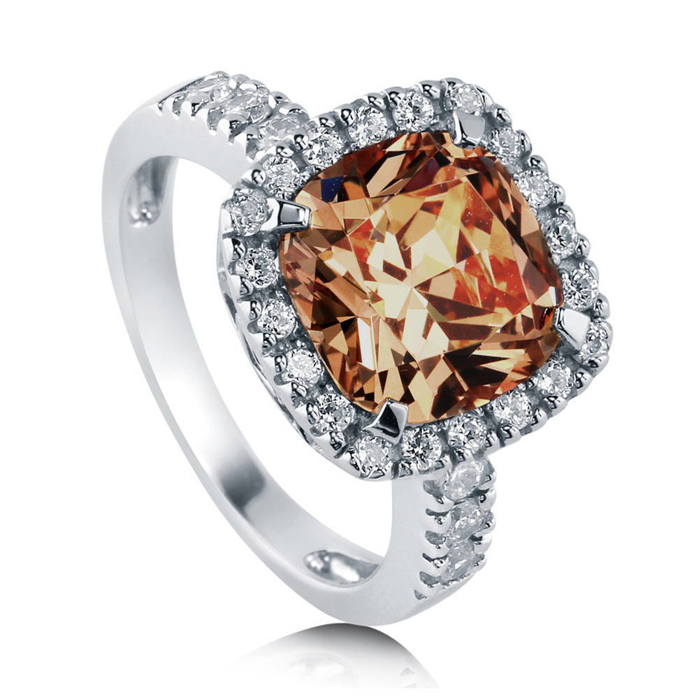 Halo Deep Champagne Cushion CZ Statement Ring in Sterling Silver