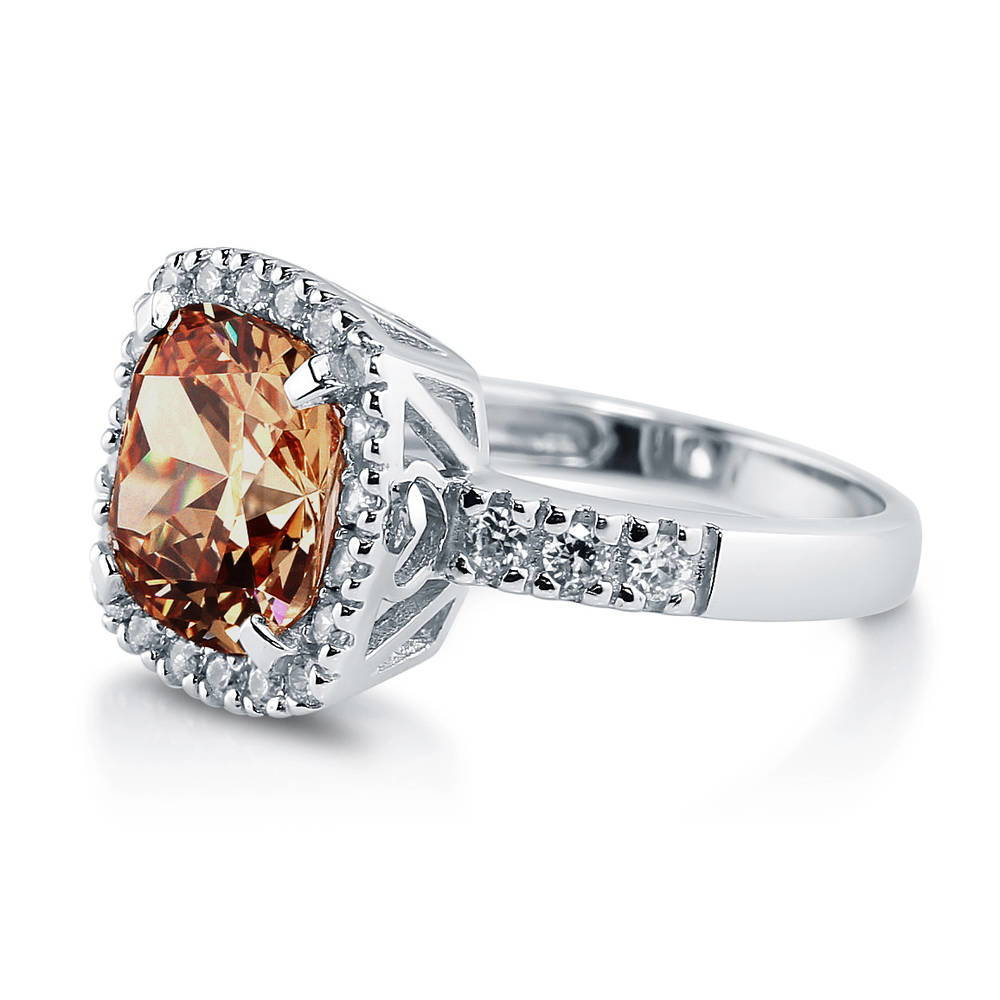 Halo Deep Champagne Cushion CZ Statement Ring in Sterling Silver