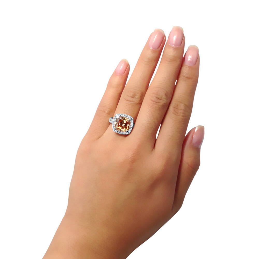 Halo Deep Champagne Cushion CZ Statement Ring in Sterling Silver