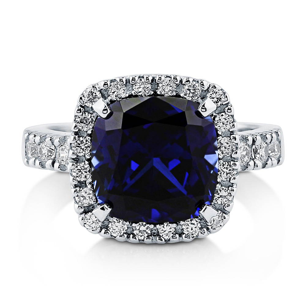 Halo Simulated Blue Sapphire Cushion CZ Ring in Sterling Silver