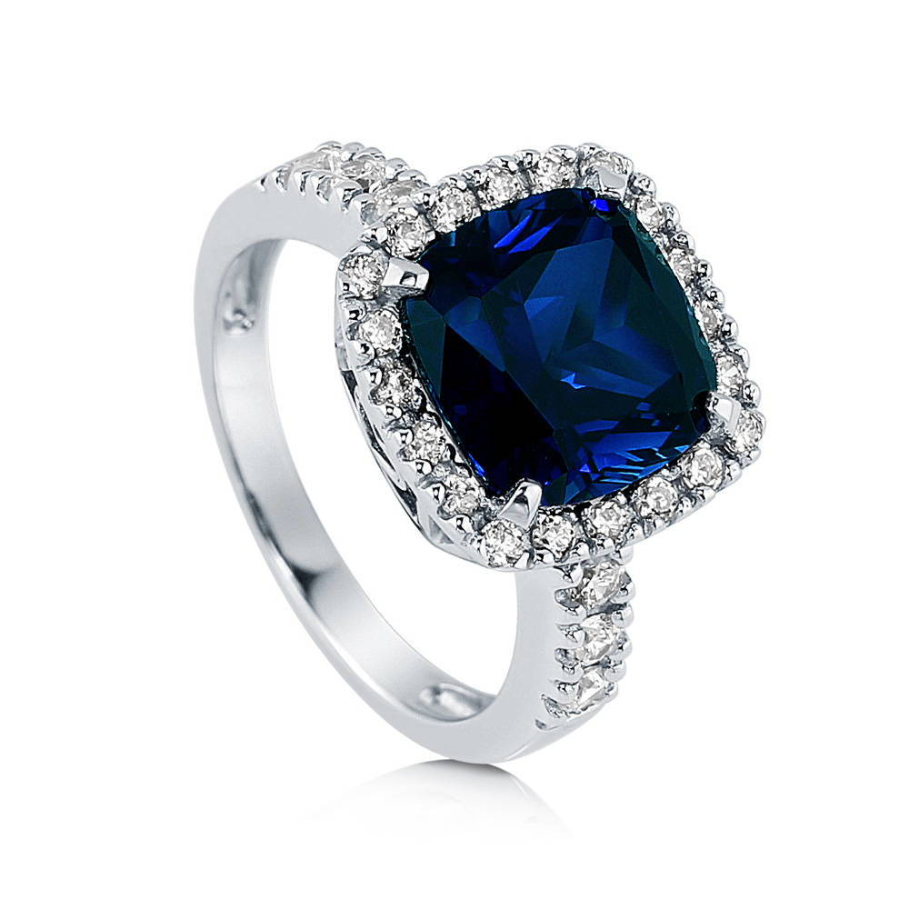 Halo Simulated Blue Sapphire Cushion CZ Ring in Sterling Silver