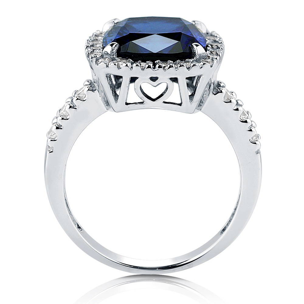 Halo Simulated Blue Sapphire Cushion CZ Ring in Sterling Silver