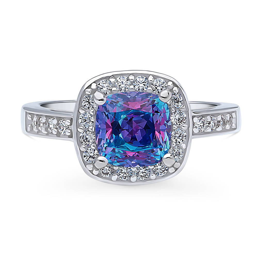 Halo Kaleidoscope Purple Aqua Cushion CZ Ring in Sterling Silver