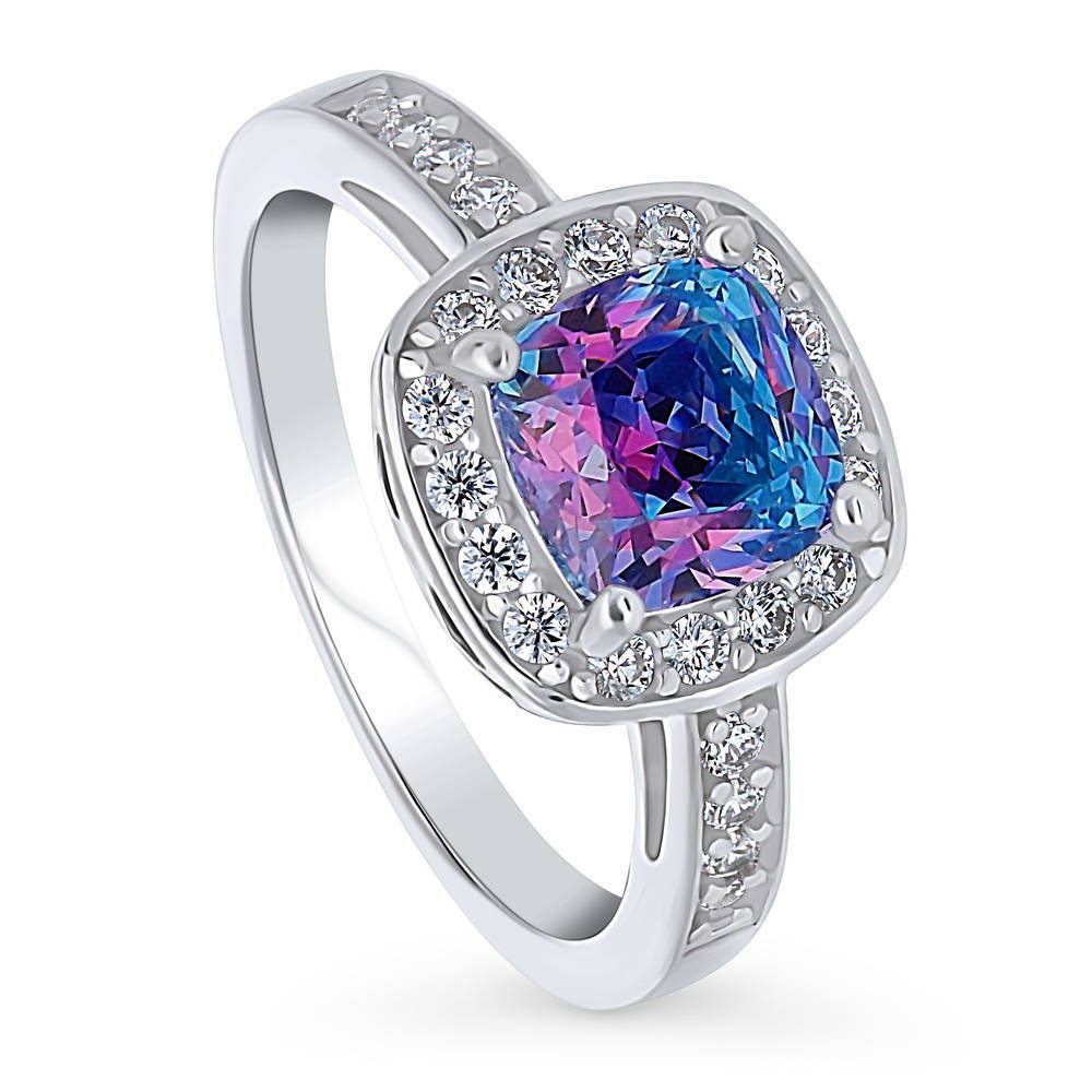 Halo Kaleidoscope Purple Aqua Cushion CZ Ring in Sterling Silver