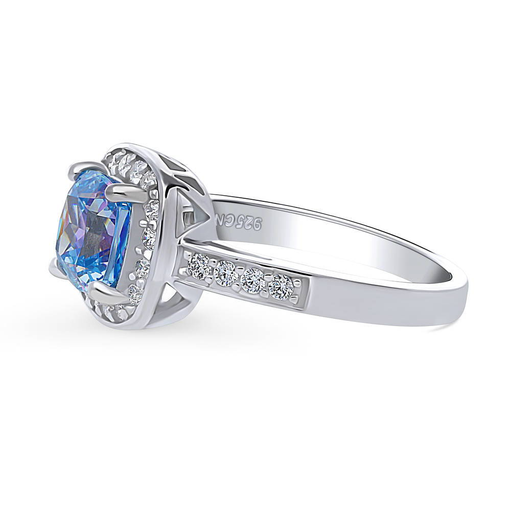Halo Kaleidoscope Purple Aqua Cushion CZ Ring in Sterling Silver