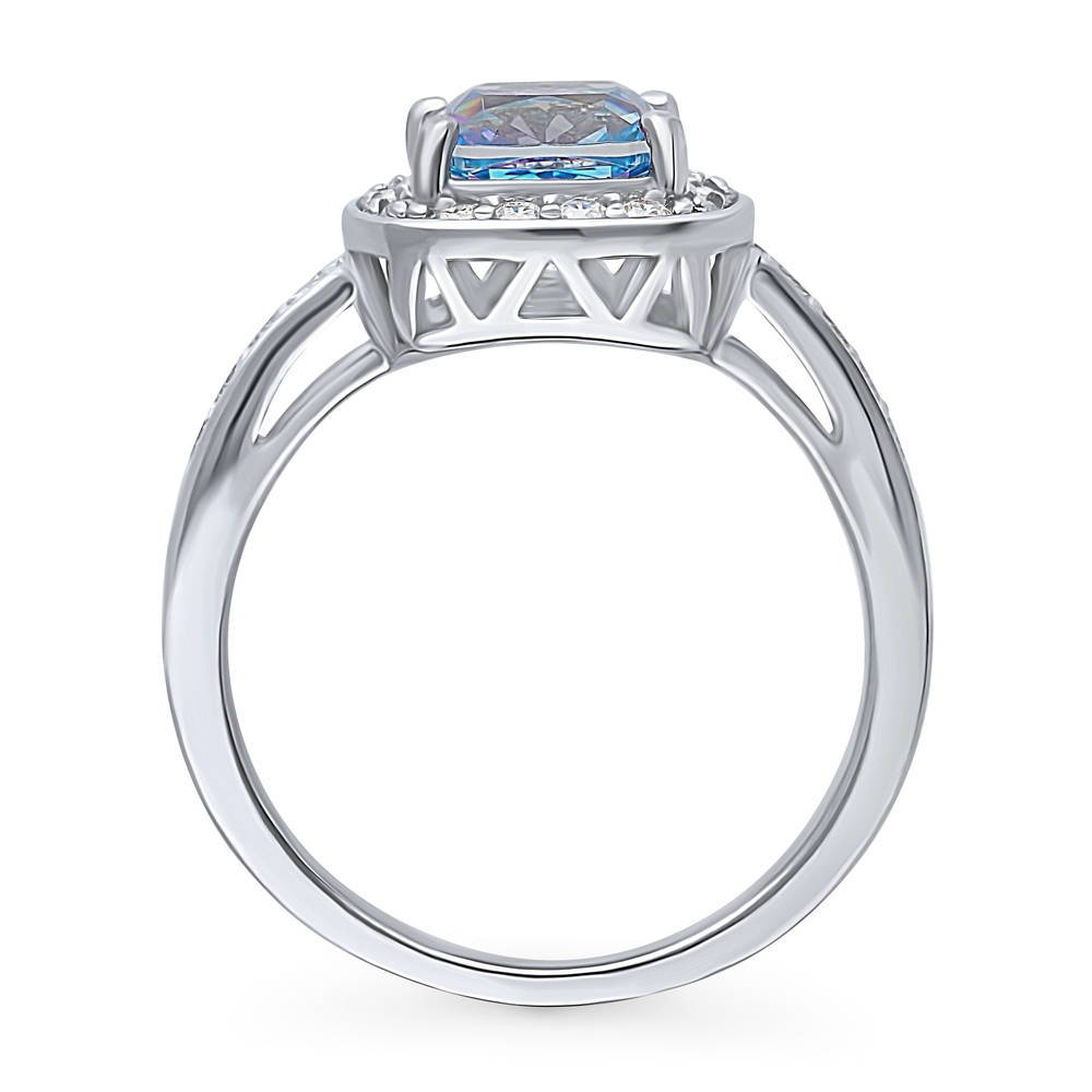 Halo Kaleidoscope Purple Aqua Cushion CZ Ring in Sterling Silver