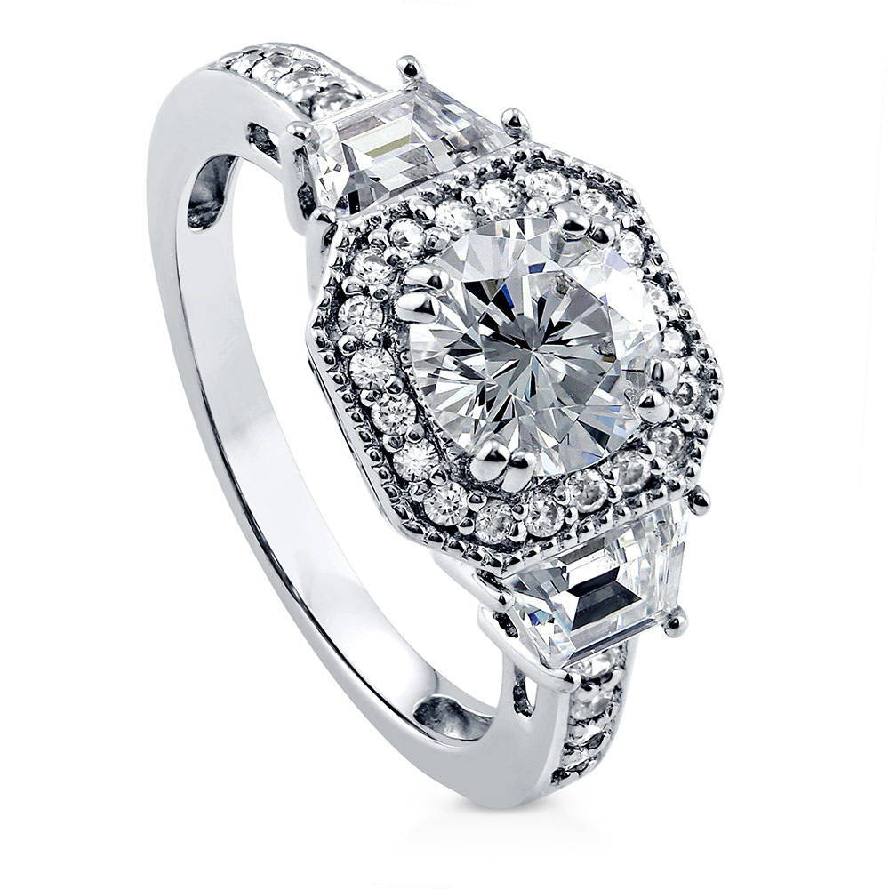 Halo Art Deco Round CZ Ring in Sterling Silver