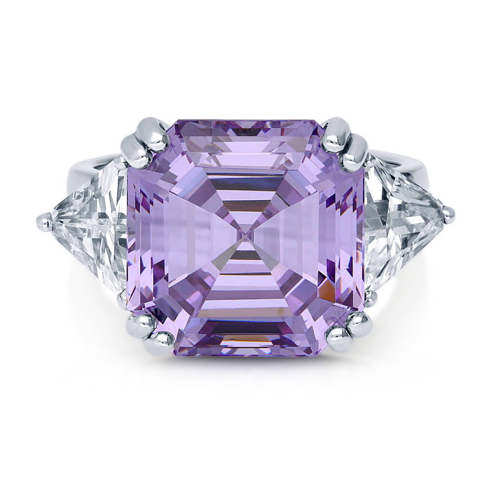 3-Stone Purple Asscher CZ Statement Ring in Sterling Silver