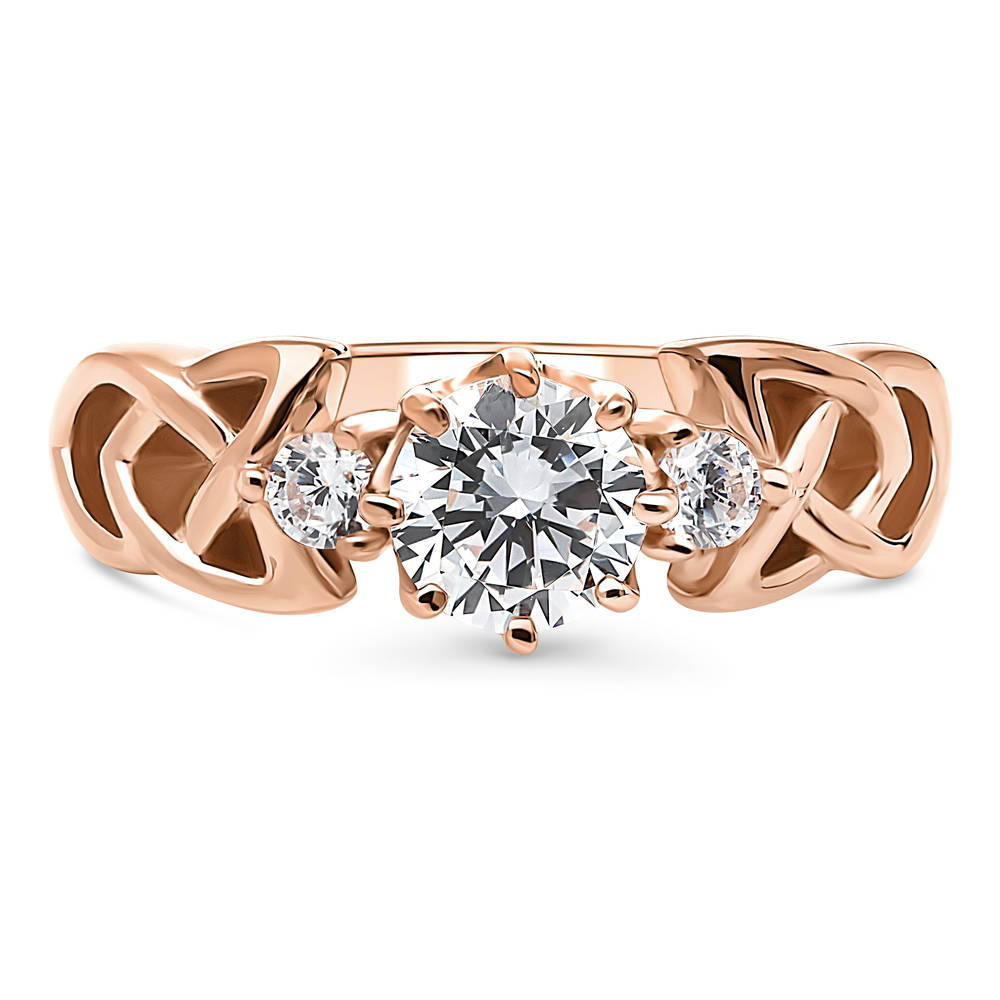 Celtic Knot 3-Stone CZ Ring in Rose Gold Plated Sterling Silver